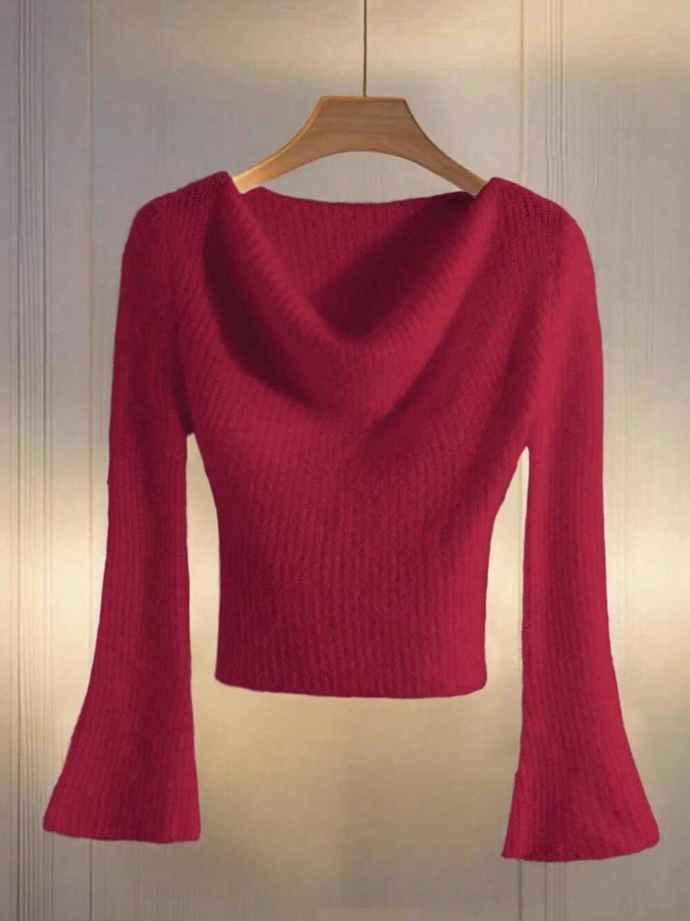 Red Casual Women's Ruffled Collar Long Flare Sleeve Knit Sweater Pullover Top